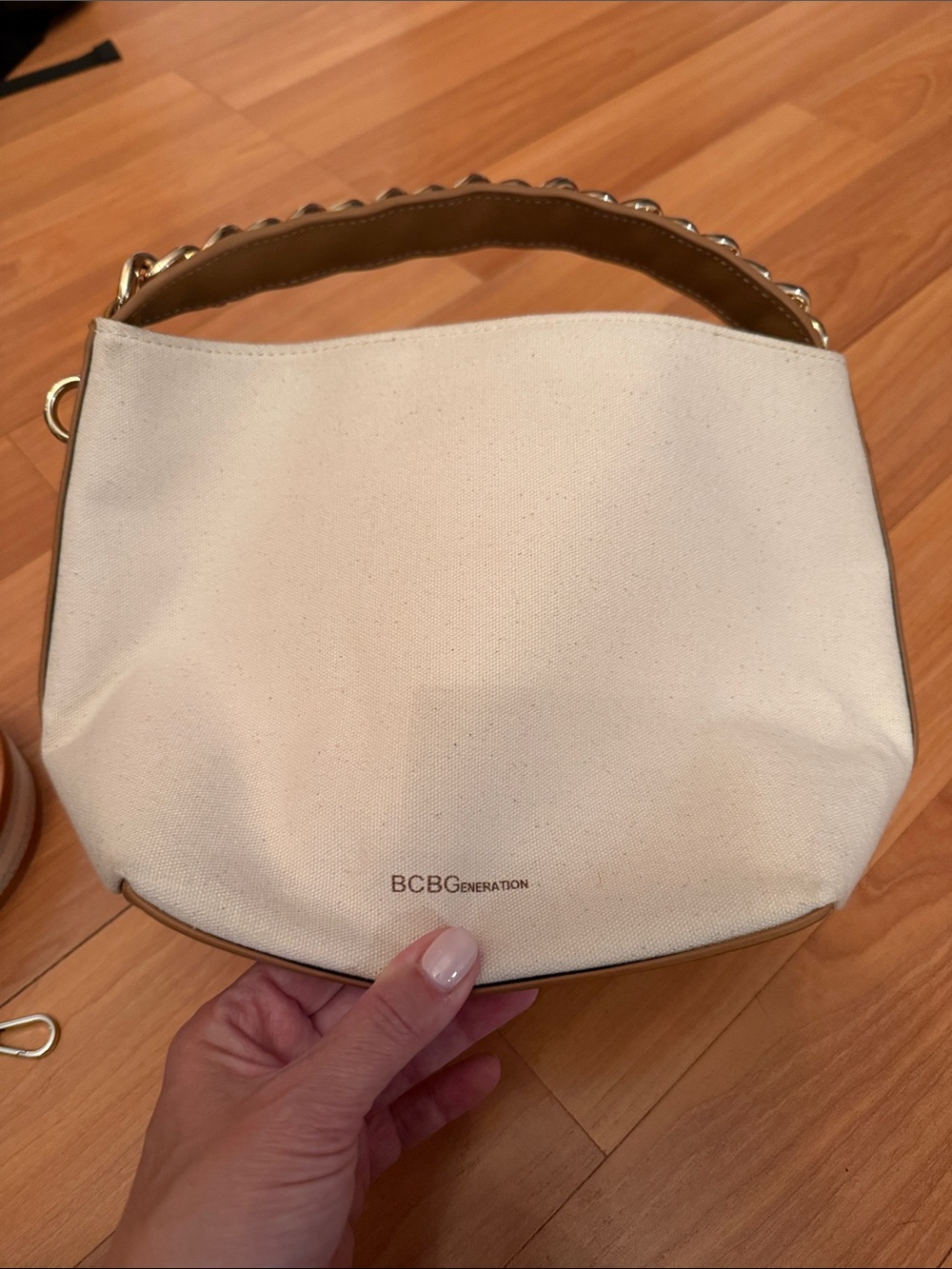 BCBGeneration Cream Mini Canvas Top-Handle Bag with Gold Accents